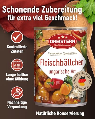 DREISTERN Fleischbällchen 540g I Mit Schweinefleisch in Paprikasauce I Herzhafte Spezialität in recyclebarer Konservendose I Lange Haltbarkeit dank natürlicher Konservierung I Hausmacher Qualität
