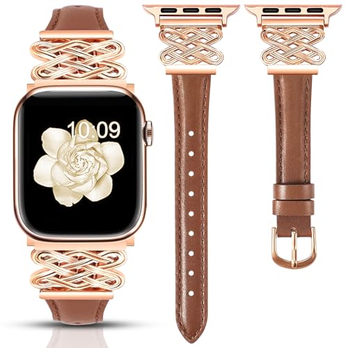 Image of Newlibery Leather Band for Women Slim Dressy Bands Compatible with Apple Watch 38mm 40mm 41mm 42mm 44mm 45mm 49mm, Designer Interlock Buckle Strap for iWatch Series 10 /9 /8 /7 /6 /5 /4 /3 /2 /1 /SE /Ultra