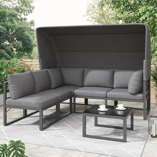 Merax Ensemble de meubles de jardin pour 5 personnes avec auvent et table, canapé d'angle en fer galvanisé, meubles extérieurs résistants aux intempéries