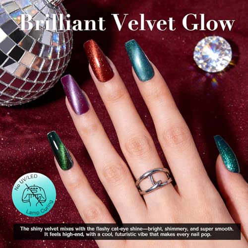 Image of AZUREBEAUTY Cat Eye Magnetic Nail Polish Set, Quick Dry Non-Gel Holographic Fingernail Mooncat Polish with Top Coat, 4 Colors (Red, Purple, Green, Teal), DIY Salon at Home Manicure for Women