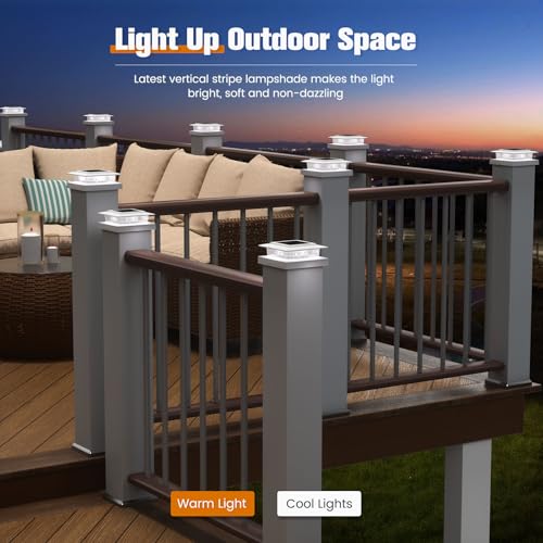 Post Cap Lights 6pack, 4x4 Deck Fence Post Solar Lights Outdoor with Warm White Lighting,White Waterproof Solar Post Lights for Vinyl/Wood Posts to Decorate Fence, Deck,Garden, Patio — view 2