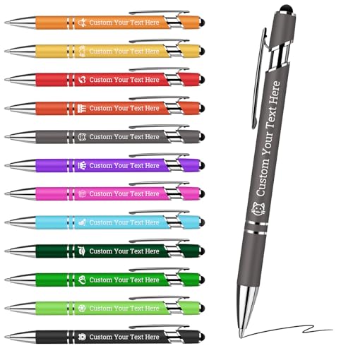 Imagen de Bolígrafos Personalizados Grabados 12 Unidades Mínimo Texto Personalizable + Punta Táctil 2 en 1 Cuerpo Metálico con Capa Antiarañazos Regalo Corporativo
