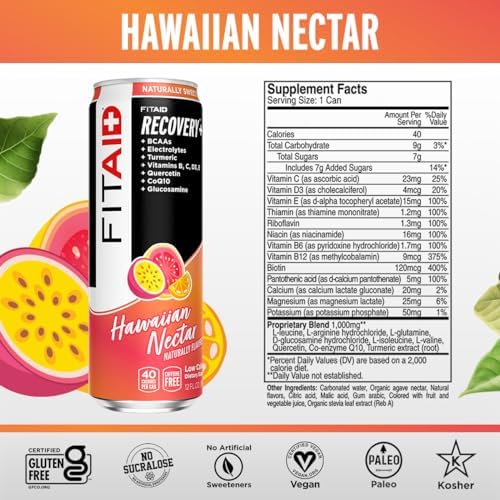 Image of FITAID Post Workout Recovery Drink, Hawaiian Nectar, BCAAs, Glucosamine, Electrolytes, Paleo, Vegan & Gluten-Free, No Artificial Sweeteners, Naturally Flavored, Vitamins B, C, D3, E, Turmeric