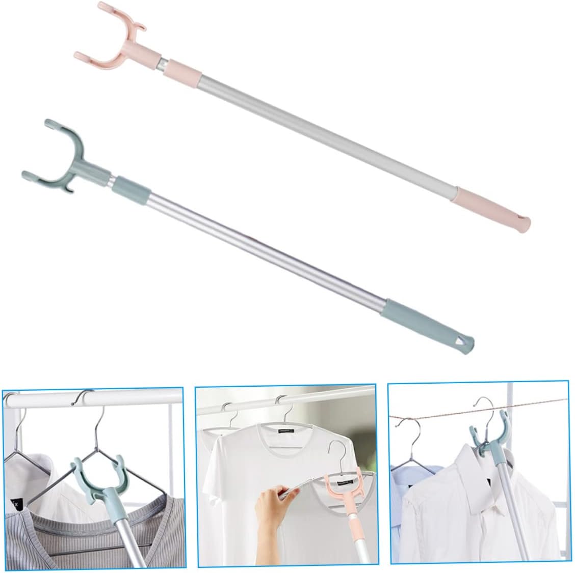 Levemolo 2pcs Adjustable Telescoping Clothesline Pole Retractable Clothes Reaching Rods for Easy Hanging Aluminum Alloy with Strong Bearing Capacity for Home Use
