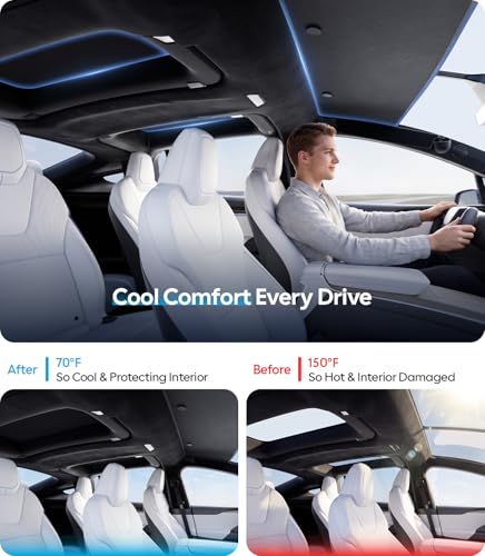 Image of Wigoo Upgrade Tesla Model X Sunshade Roof [Never Sag, Nano Ice-Crystal Coatings] 3-Gen Heat Insulation Glass Roof Sun Shade, Accessories for Tesla Model X 2020~2025, Black