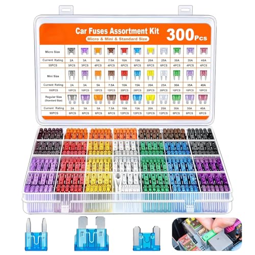 300 Pcs Car Fuses Kit, Micro Blade Fuses Assorted Set 2A-40A Mixed Fuse Pack with Storage Case & Fuse Puller, Automotive Replacement Zinc Alloy Kit for Car Boat RV Truck Motorcycle