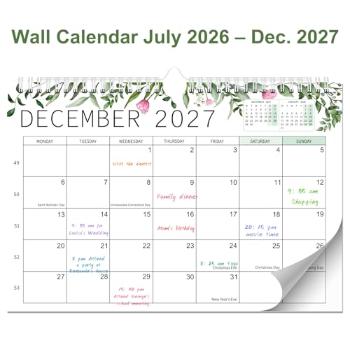 BLESWIN Calendario de Pared 2026 2027 – 18 Meses (Julio 2026 – Diciembre 2027) – Calendario Mensual Familiar con Días Festivos de Europa – Para Colgar en Casa, Cocina u Oficina