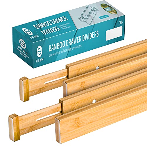 Bamboo Drawer Dividers, Spring Loaded Adjustable Drawer Separators (2.4" High, 13"-17"), Perfect Expandable Wooden Drawer Dividers for Kitchen, Bedroom, Bathroom, Dresser & Office