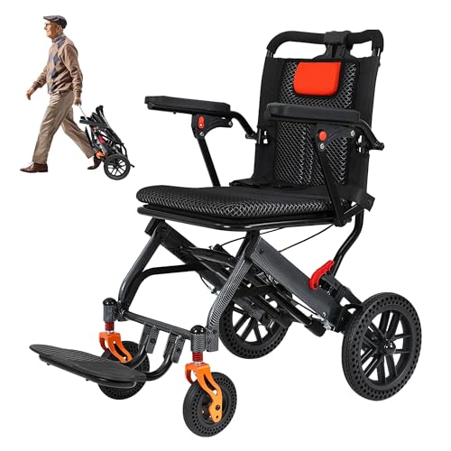 SOFTFISH Wheelchairs for Adults with Telescopic Handle, Lift-Up Armrest & Footrest, Transport Wheelchair with Safty Handbrakes, Portable Travel Wheelchair Lightweight Foldable for Outing
