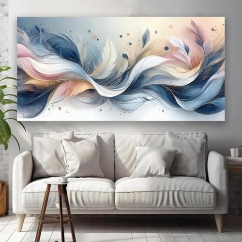 Affiche plumes bleues et roses, tableau abstrait pour salon élégant