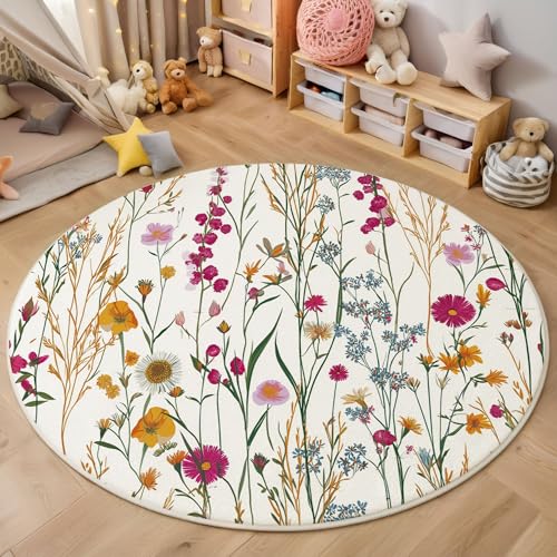 Tapis rond lavable en machine 160 cm imprimé petites fleurs antidérapant salon