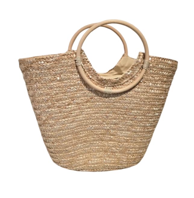 Bolsa de Praia em Palha Trançada, Alças de Madeira, Design Cesta Artesanal Praia Piscina, 39 x 29 x 16 cm (Palha)