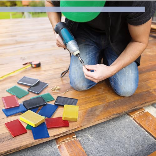 Image of Pangda 15 Pcs Structural Tile Plastic Shims for Leveling 1 /13'', 1 /9'', 1 /7'', 1 /5'', 2 /5'' Plastic Flat Furniture Shims for Toilet Door, Yellow Red Black Green and Blue
