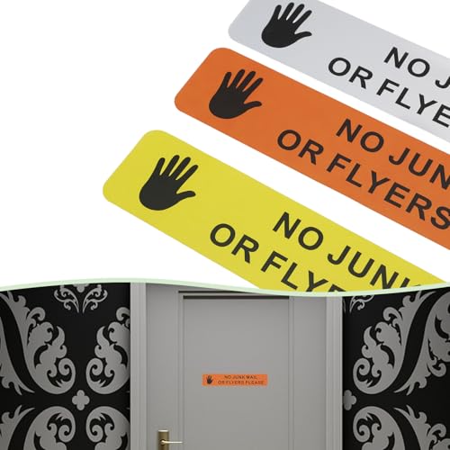 VGOL 8 x Aufkleber No Junk Mail or Flyers Please, 18 x 3,5 cm, PVC, selbstklebend, für Türschild, Briefkasten, Büro oder Zuhause, Silber, Weiß, Gelb, Orange, 8 Stück