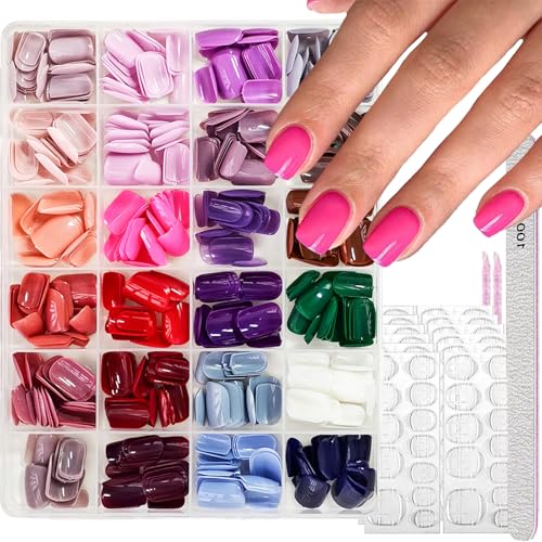 Image of 576Pcs Short Square Press on Nails Glossy Full Copver Fake Nails Solid Color False Nails Pure Color Glue on Nails Reusable Artificial Acrylic Stick on Nails for Women 12 Colors Manicure