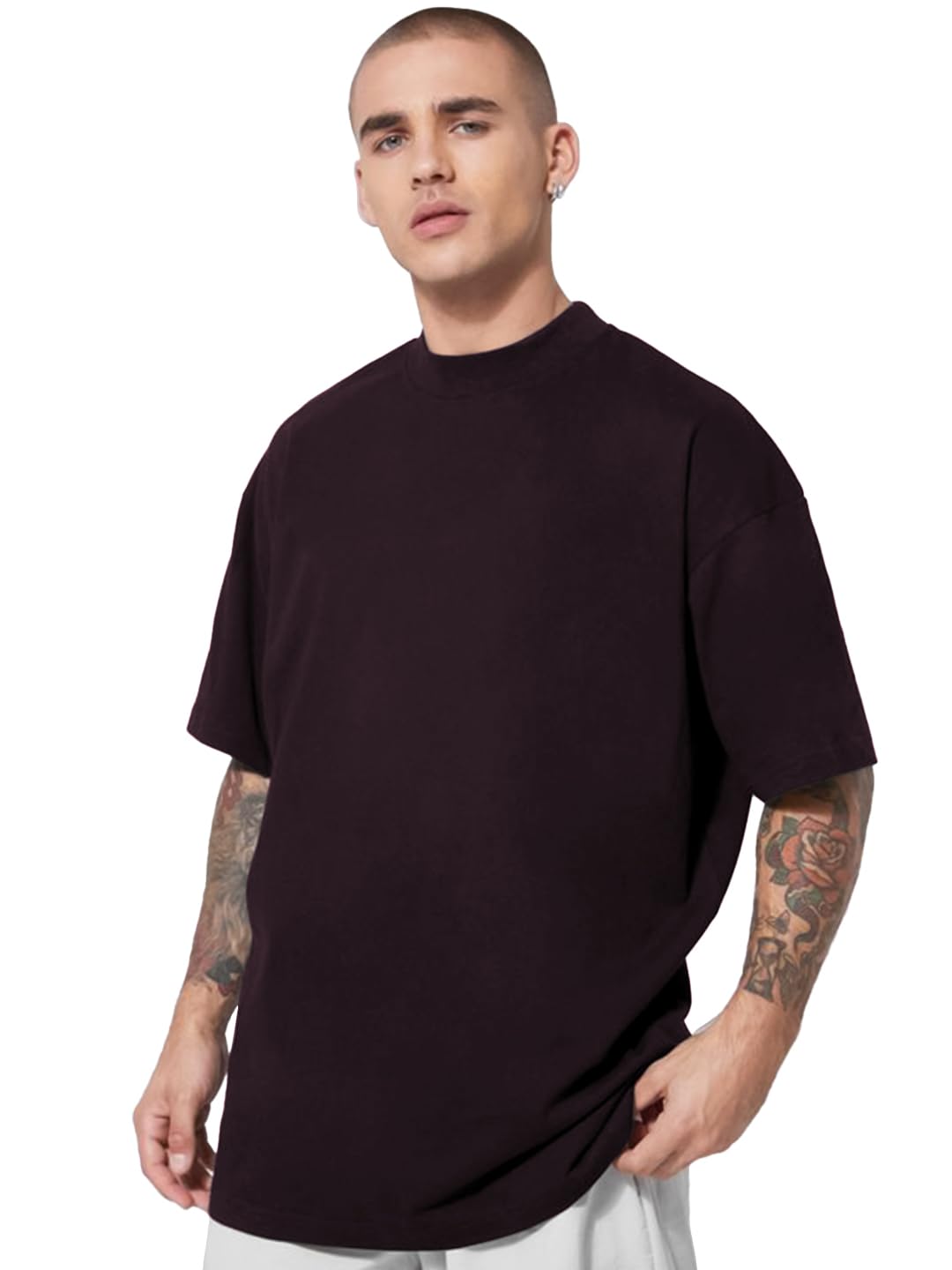 CHKOKKOOversized Cotton Solid Round Neck Tshirts for Men