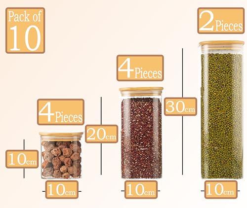 LUGZEY 10-Pack Square Glass Jars with Airtight Bamboo Lids Labels and Chalk Kitchen Storage Jars for Pasta Spaghetti Cereals Grains Sugar Spices and Cookies, 3 Sizes (2100ml,1400ml.750ml) - Image 3