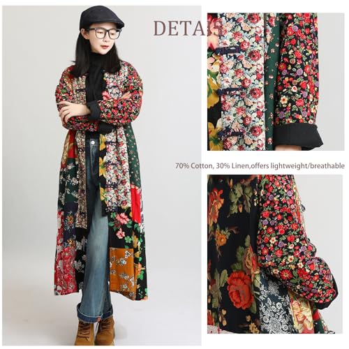 LZJN Women's Trench Coat Floral Print Long Cotton Linen Jacke Cottagecore Clothing Patchwork Outwear Bohemian unique2