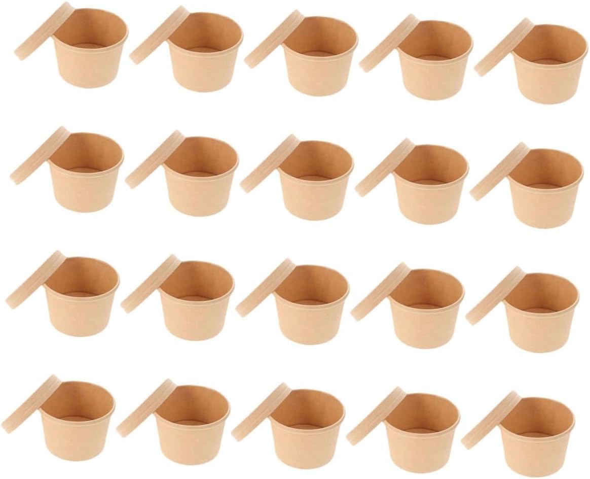 POPETPOP 50pcs 8oz Kraft Paper Ice Cream Cups and 50pcs 8/12oz Kraft Paper Lids, Thickened Disposable Dessert Bowls for Cold Soup and Pudding, Takeout Containers for Food Service and Party
