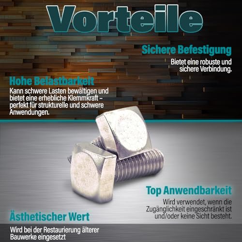VOOXA Premium 10 Stück VIERKANTSCHRAUBEN M10X25 aus Edelstahl A2 | SW17, Gleichmäßiges Vollgewinde | rostfrei, rutschfest | für Stahlrahmenhäusern, Geräten, im Bauwesen, Photovoltaikanlagen