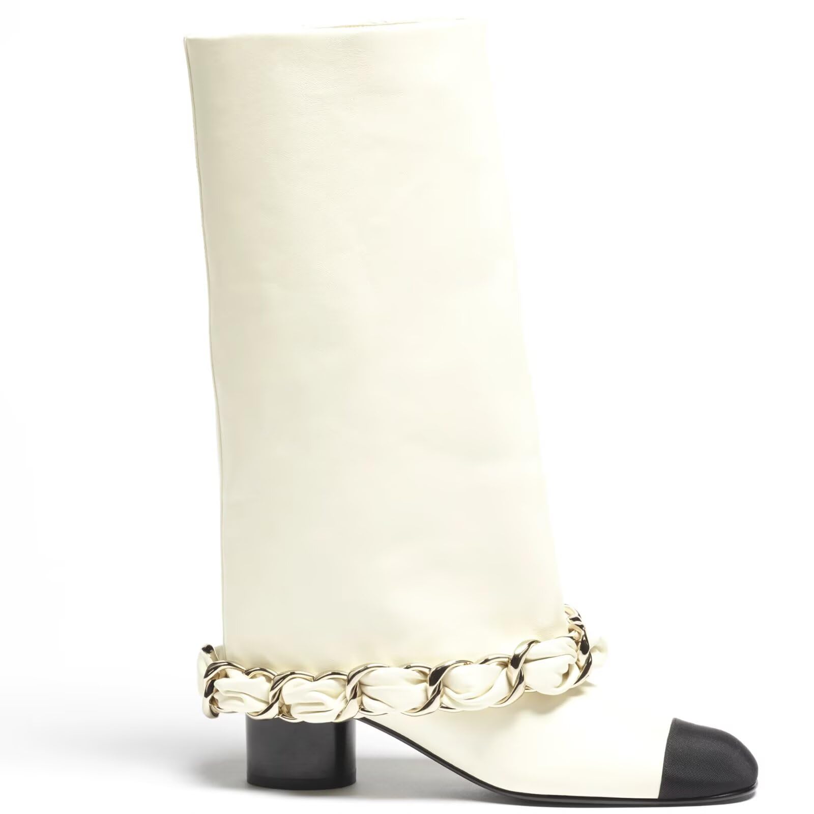 Womens Mid Calf Boots Square Toe Block Heel Chain Detail Colorblock Design Black White Fashion Versatile