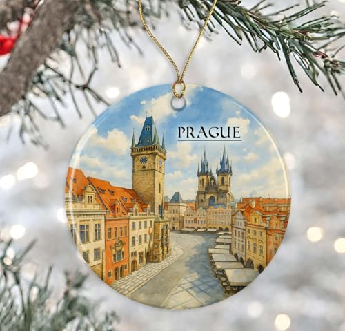 Prague Watercolor Ornament - Ceramic Christmas Keepsake - Honeymoon Anniversary - Travel Souvenir - Housewarming Present - Gift for Prague Lover Printed on Both Sides