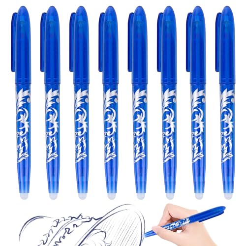 RUCUDIM Lot de 8 stylos à bille effaçables à encre gel effaçable Bleu 0,7 mm Stylo à bille à encre gel pour fournitures scolaires Fournitures de bureau...