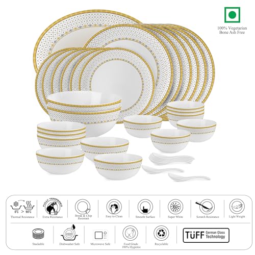 Image of Cello Opalware Divine Infinity Dinner Set, 33 Units | Microwave & Dishwasher Safe | Light-Weight & Thermal Resistant | Crockery Set for Dining & Gifting