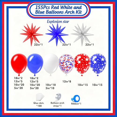 Image of Red White and Blue Balloon Garland Arch kit 155pcs with Star, Different Size Red White Blue Balloons for 4th of July Patriotic Party Graduation Memorial Day Anniversary Birthday Party Decor