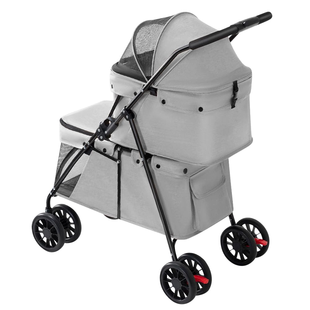 Passeggino a doppio strato, per cani, gatti, animali, viaggi, passeggino, pieghevole, cane, gatto, a quattro ruote, carrozzina, passeggino Buggy, 67 x 50 x 95 cm, grigio