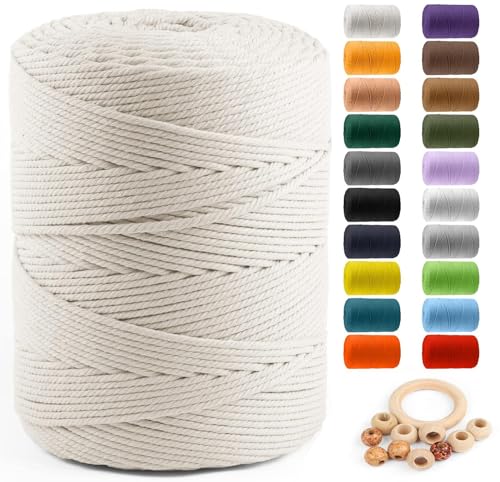 Image of ZUEXT Macrame Cord, Beige White, 4mm x 547yds Cotton String Macrame Yarn | Natural Handmade, 4 Strands Twisted Cotton Rope, for Craft Wall Hanging Weaving Tapestry Dream Catchers Hanger DIY Gift, 500m