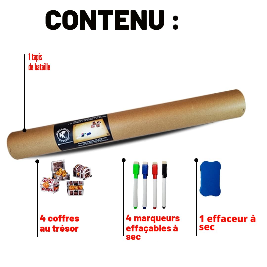 Dungeon Grid Game Mat + 4 Marqueurs et Gomme + 4 Coffres au trésor, Accessoire pour Jeu de Rôle, D&D, Donjons et Dragons, Dungeons and Dragons, Pathfinder.