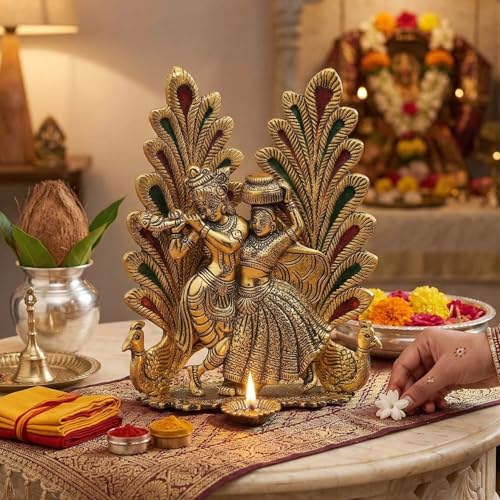 Image of KridayKraft Radha Krishna Metal Statue with Diya for Pooja, Peacock Design Decor Your Home,Office,Religious Showpiece Figurines,God Idol Gift Article...