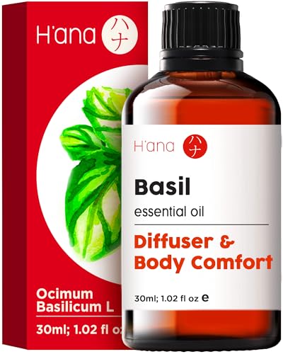 H’ana Basil Essential Oil for Diffuser - 100% Pure & Natural Therapeutic Grade Basil Oil Essential Oil for Pain, Hair Growth, Sinus, Herbaceous & Refreshing Aroma (30 ml)