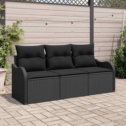 Ensemble de 3 canapés de jardin modulaires en polyrotin noir avec pieds réglables et coussins en polyester, canapé d'angle pour balcon et terrasse