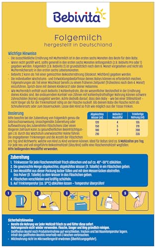 Bebivita 2 Folgemilch (4 x 500g), nach dem 6. Monat, mit Vitamin C und D, Omega-3 (DHA), altersgerecht sättigend