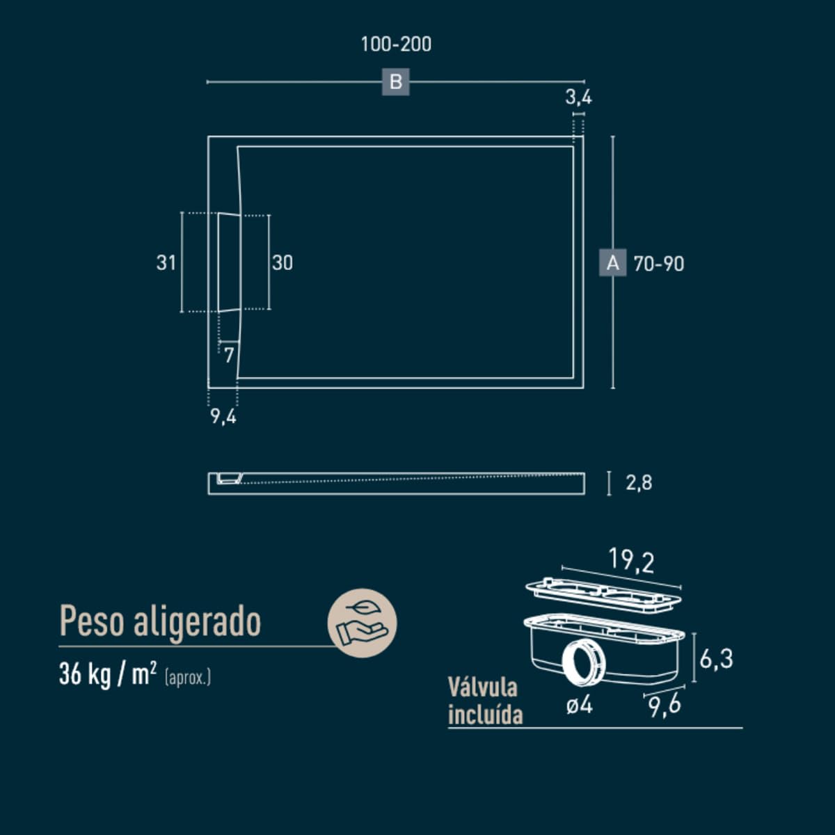 Plato de Ducha de Resina Antideslizante con Valvula y Rejilla Oculta | Textura Piedra | Beige | 90 X 120 cm
