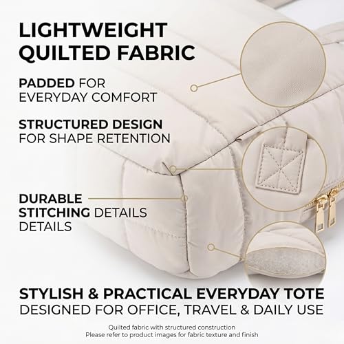 Image of Quilted Puffy Tote Bag for Women | Large Capacity | Soft Nylon Padded Design | Lightweight & Spacious | Ideal for Work, Travel, Shopping (Biege)