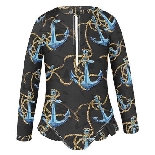 ALAZA Blue Anchor Black Girls One Piece Swimsuit Long Sleeve Rash Guard Swimsuits UV 50+ Swimwear Zipper2