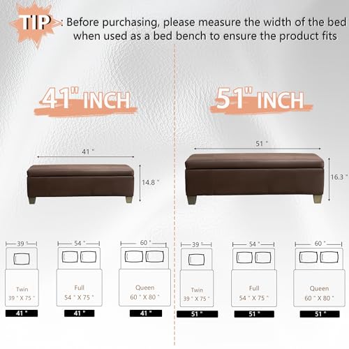 Image of 41 inch Storage Ottoman, Storage Bench with Safety Hinge, Upholstered Synthetic Leather Ottoman Bench for Bedroom, Living Room, Entryway, Hallway, Foot Rest, Support 500lbs, Brown