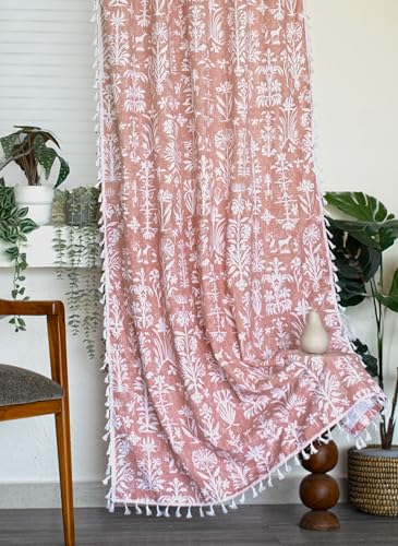 Image of Tranquebar Curtain Co. Window Curtains 6 Feet, Cotton Curtains, 60-65% Room Darkening, Peach Botanical Print, Pink Curtains, BackTabs, Design Cairo (183 cm) - 1 Piece