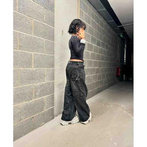 Damen Jeans Gothic Stretch - Baggy Denim Hose High Waist Mit Taschen