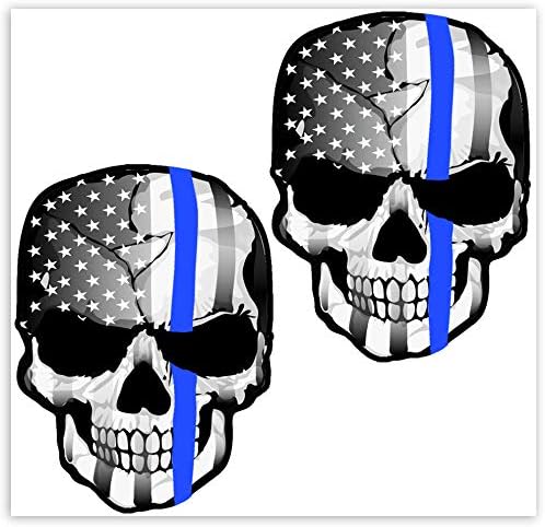 Biomar Labs® 2 x Vinyl Stickers Decals Skull Thin Blue Line Police Support USA Flag Car Motorcycle Helmet B 227