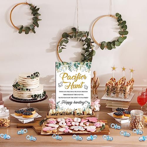 Image of Thyle 51 Pcs Greenery Theme Pacifier Hunt Baby Shower Games Include Blue Hunt Sign and 50 Acrylic Pacifiers for Greenery Eucalyptus Baby Shower Game Decoration Gift Sets Gender Reveal Party Decor