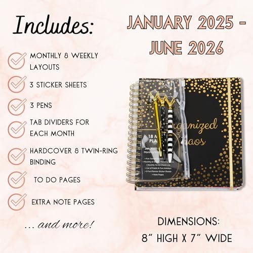 VOTUM 2025-2026 Monthly Large Planner- Daily, Weekly & Monthly Organizer with 3 Pens & Stickers - Organized Chaos Black, January 2025 to June 2026, Stylish & Durable