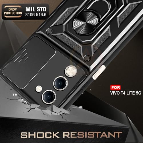 Image of Armor Bumper Back Cover Case for Vivo T4 Lite /iQOO Z10 Lite 5G Rotating Camera Cover, Ring Holder & Kickstand | Heavy Duty & 360 Degree Protection Back Cover (Black)