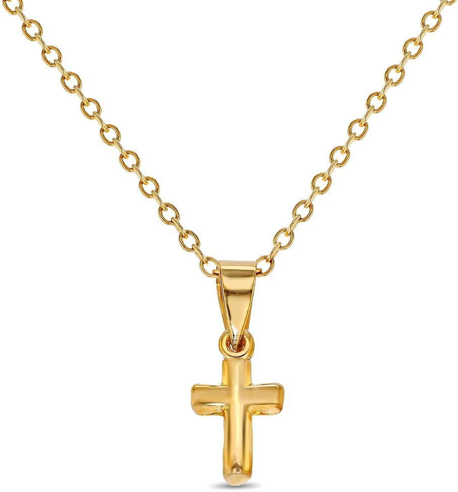 In Season Jewelry Cross Pendant Gold Necklace - Small Catholic Kids Cross Necklace for Girls & Boys - 16 Inch Chain Child-Sized Faith Gold Jewelry - Christian Gifts for Girls, Boys, & Teens