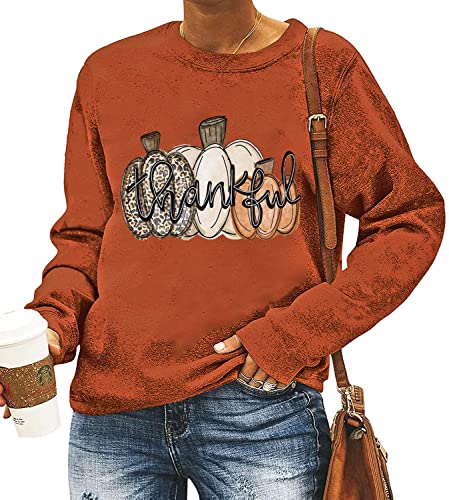 Thanksgiving Sweatshirt für Frauen Niedliches Leopard Kürbis Grafik Tee Casual Herbst Langarm Pullover Tops, Orange, L Cover