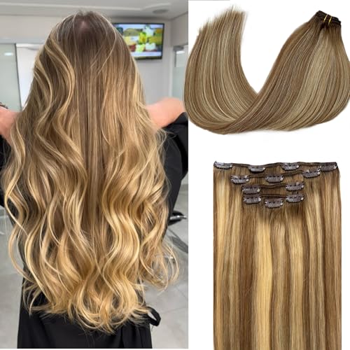 Image of Belaved Hair Extensions Clip in Human Hair Ombre Brown to Ash Brown and Bleach Blonde Balayage14 Inch 70g 5pcs 100% Remy Real Human Hair Clip in Extensions Straight Seamless Invisible 8T8P613