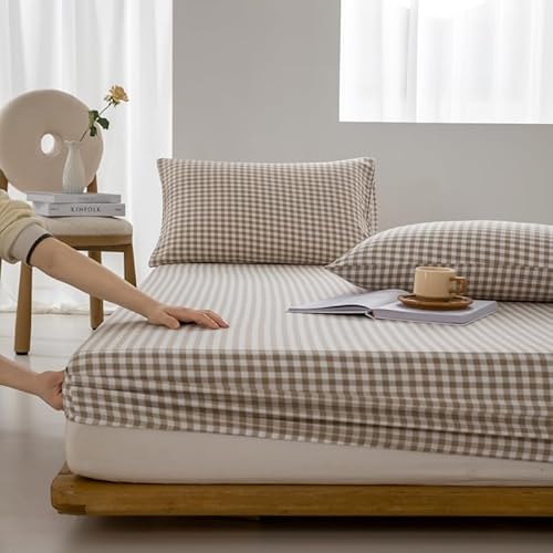 Kimko Washable Cotton Camel Color Buffalo Plaid Khaki Brown Grid Checkered Fitted Sheet for Bedroom,Gentle,Soft,Home Cozy and Breathable 【Single Item :Fitted Sheet* 1】 (# 03, Full :47''X79'')